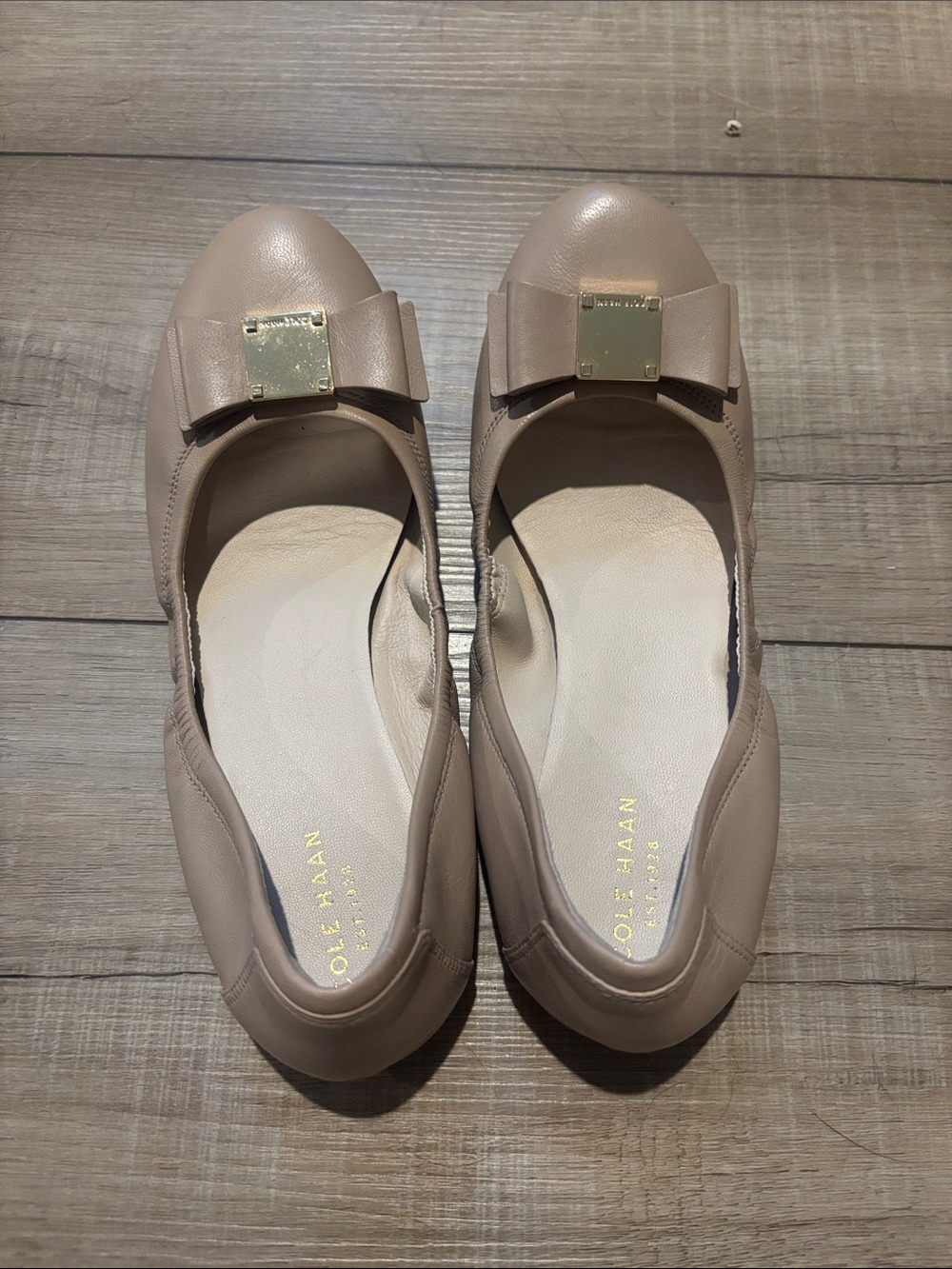 Cole Haan NudeLeather Ballet Flats with Bow and Gold Accent